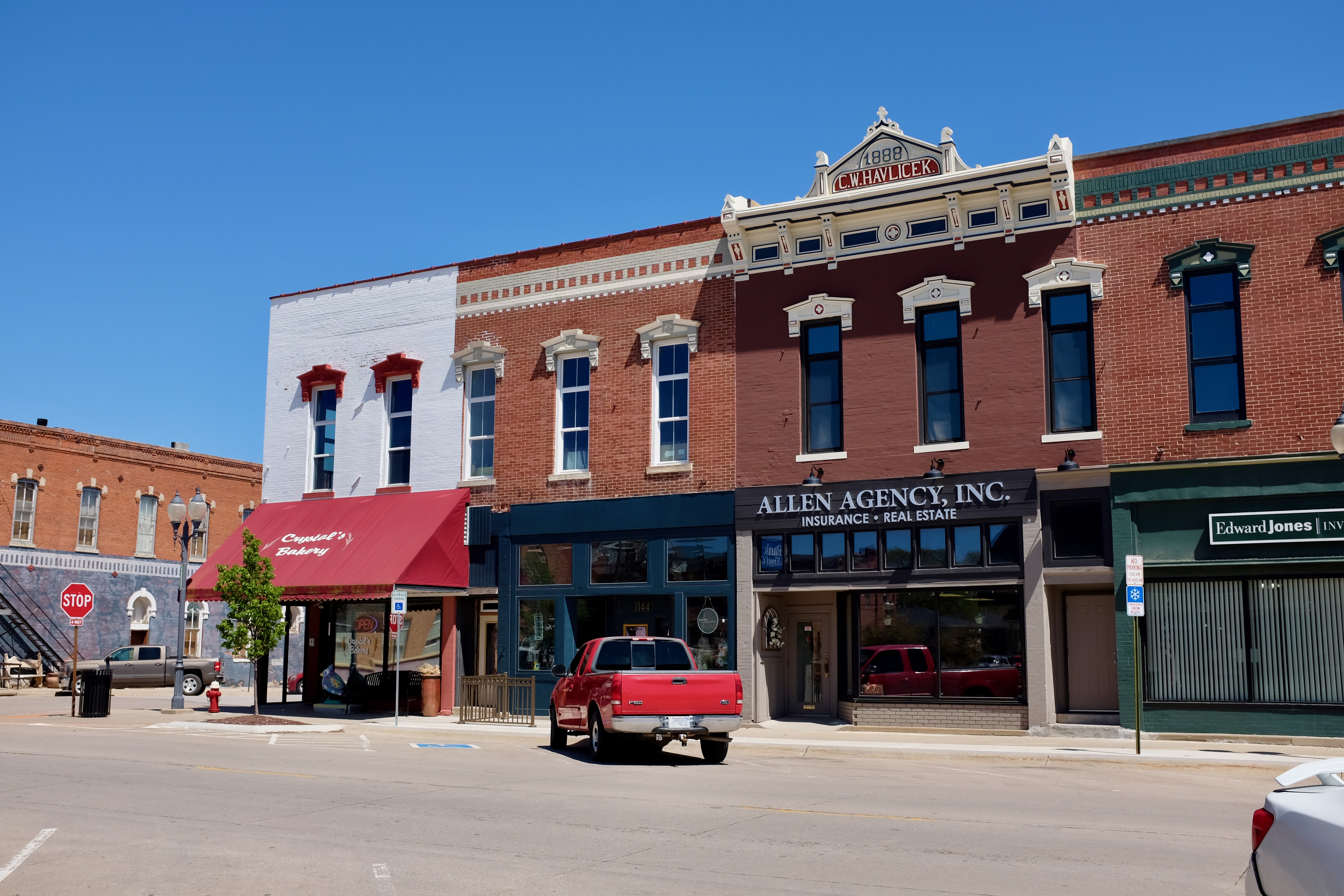 A view of the buildings at 12th Street and Main Avenue in Crete Nebraska, looking east
